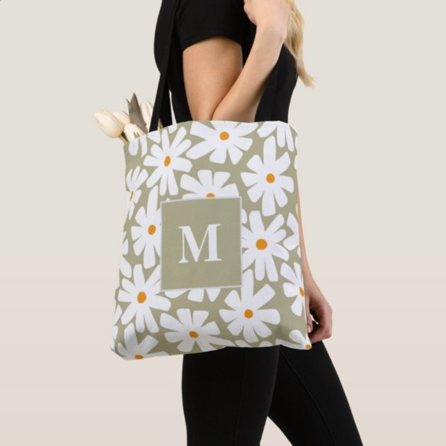 Spring daisies floral retro pattern sage green  tote bag (Creator Uploaded)