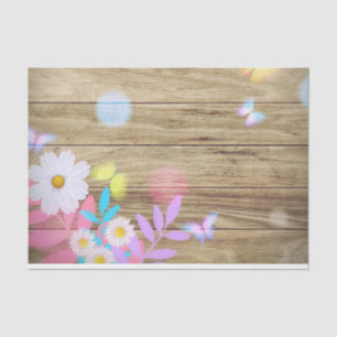 Spring Daisies Foliage and Butterflies on Wood Tissue Paper