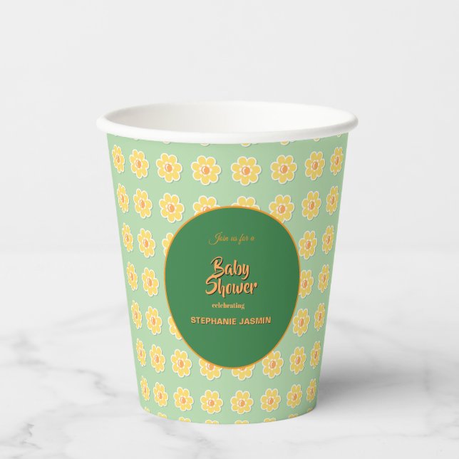 Spring Daisies on Pastel Sage Green Paper Cups (Front)