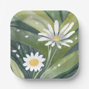 Spring Daisies Watercolor White Floral Garden Paper Plate