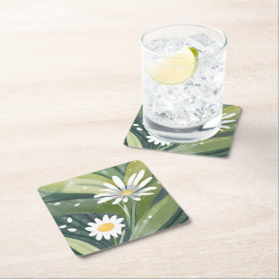Spring Daisies Watercolor White Floral Garden Square Paper Coaster