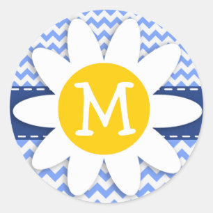 Spring Daisy; Blue Chevron Pattern Classic Round Sticker