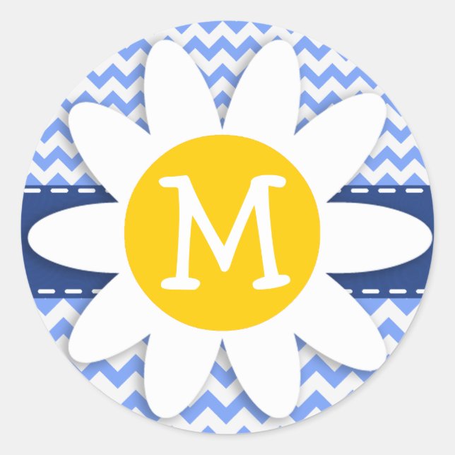 Spring Daisy; Blue Chevron Pattern Classic Round Sticker (Front)