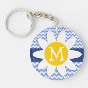 Spring Daisy; Blue Chevron Pattern Key Ring