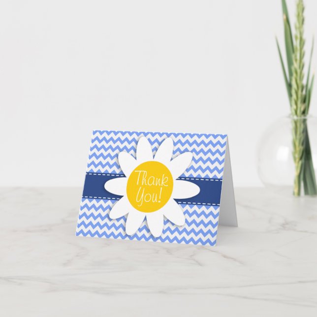 Spring Daisy; Blue Chevron Pattern Thank You Card (Front)