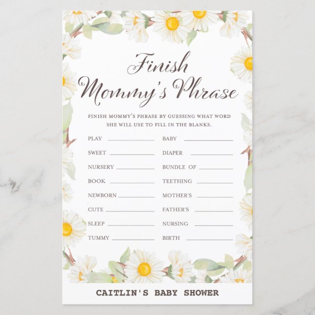 Spring Daisy Flower Baby Shower Game (Front)
