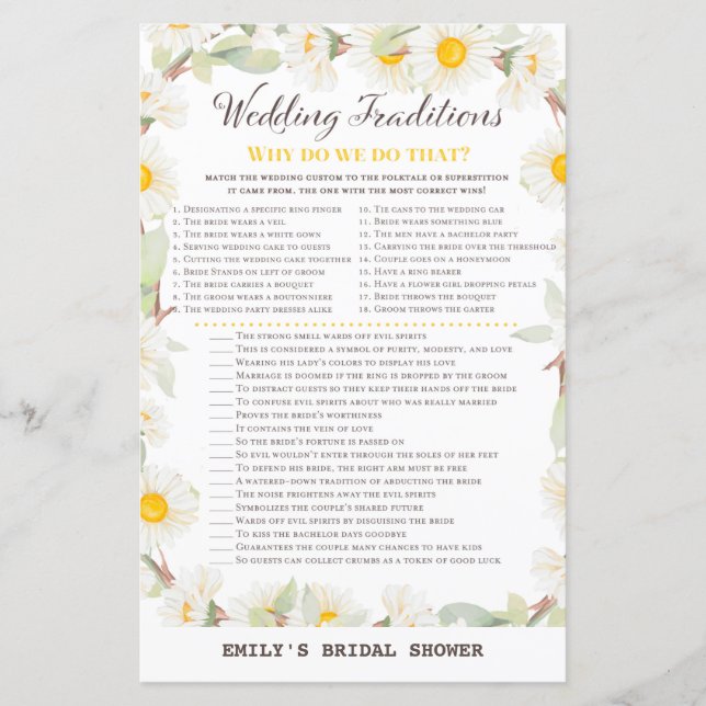Spring Daisy Flower Bridal Shower Game PRINTED (Front)