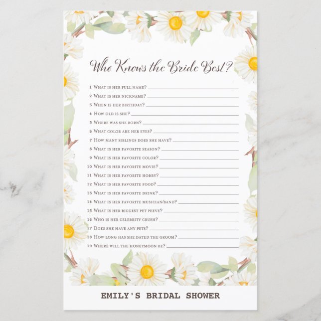 Spring Daisy Flower Bridal Shower Game PRINTED (Front)
