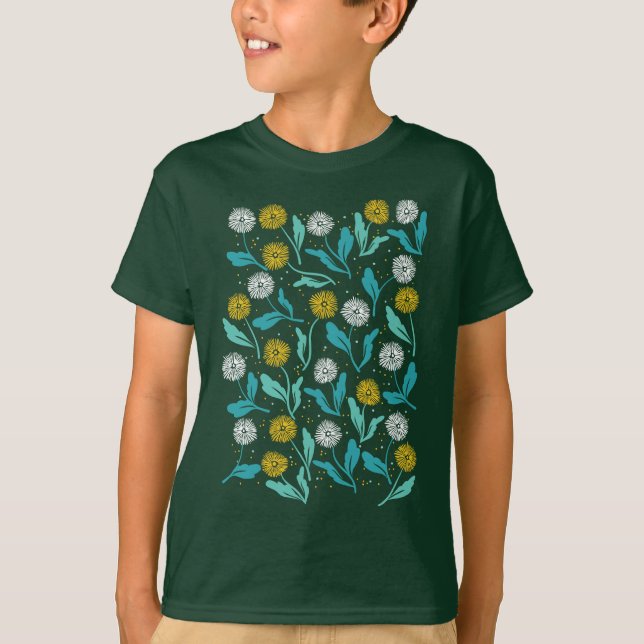 Spring Dandelion Flowers and Leaves Design T-Shirt (Front)
