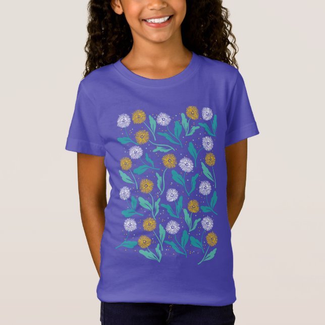 Spring Dandelion Flowers and Leaves Design T-Shirt (Front)