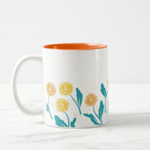 Spring Dandelion Flowers and Leaves Design Two-Tone Coffee Mug