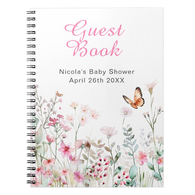 Spring Deep Pink Butterfly Floral Baby Shower Notebook (Front)