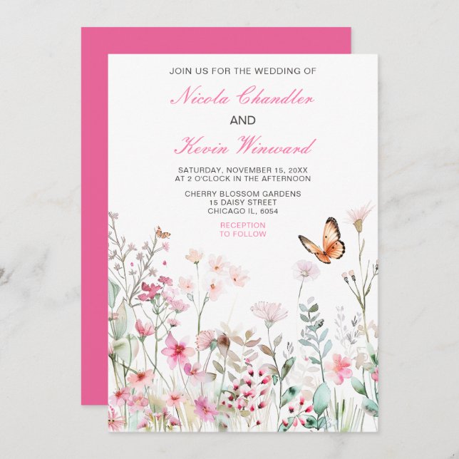 Spring Deep Pink Butterfly Floral Wedding Invitation (Front/Back)
