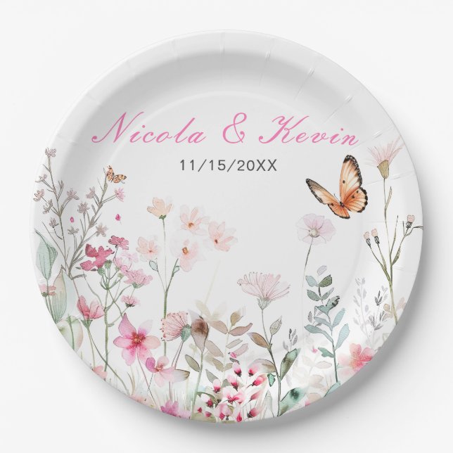 Spring Deep Pink Butterfly Floral Wedding Paper Plate (Front)