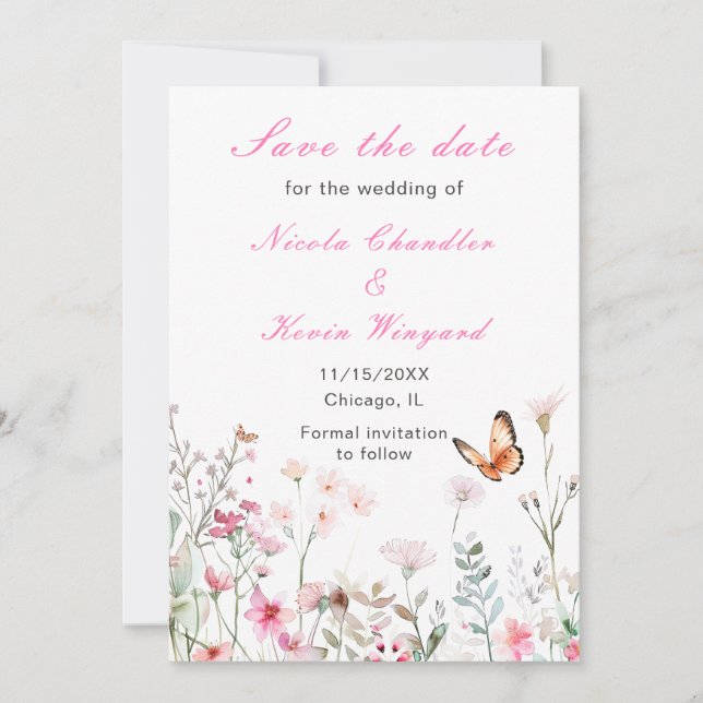 Spring Deep Pink Butterfly Floral Wedding Save The Date (Front)