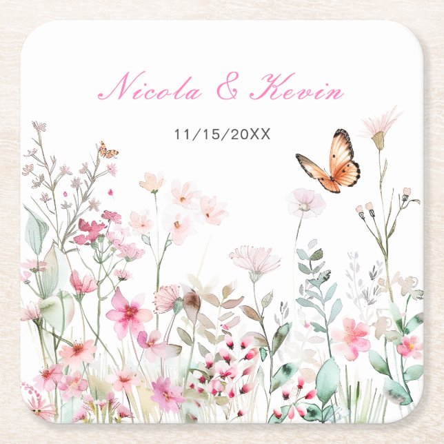 Spring deep Pink Butterfly Floral Wedding Square Paper Coaster (Front)