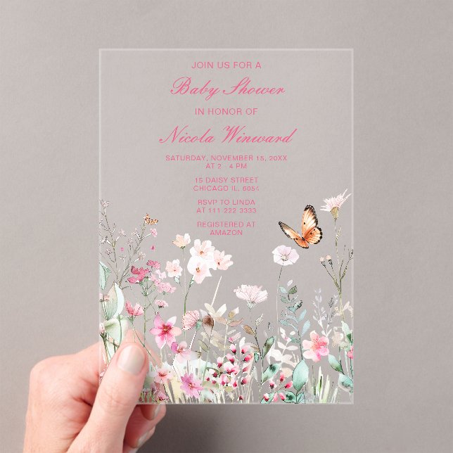 Spring Deep pink Floral Baby Shower Acrylic Invitations (Insitu (Handheld))