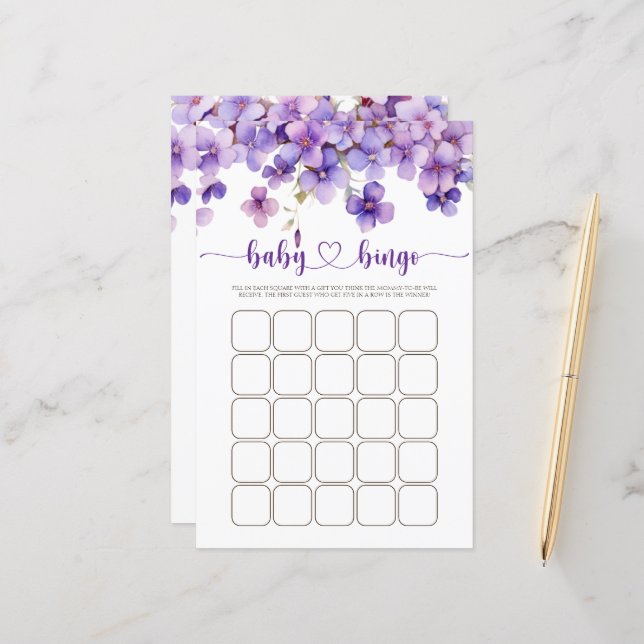 Spring Delicate Violet Flowers Baby Shower Bingo (Front/Back In Situ)