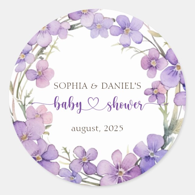 Spring Delicate Violet Flowers Baby Shower Classic Round Sticker (Front)