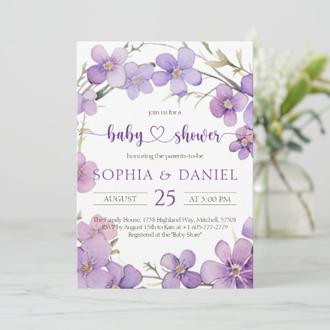 Spring Delicate Violet Flowers Baby Shower Invitation (Standing Front)