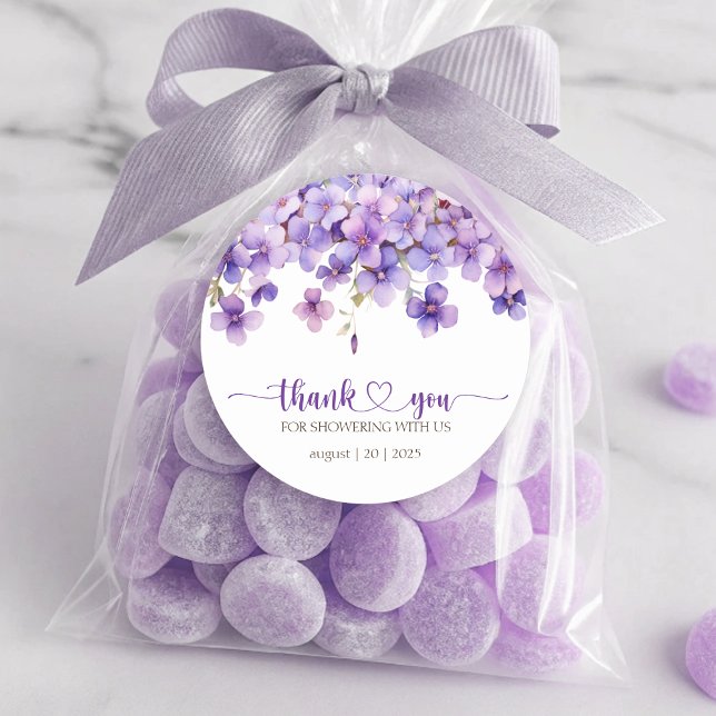 Spring Delicate Violet Flowers Thank You Classic Round Sticker (Spring Delicate Violet Flowers Thank You Classic Round Sticker)