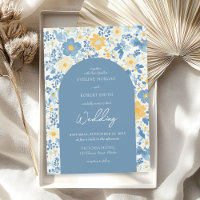 Spring dusty blue and yellow cottage flowers arch
