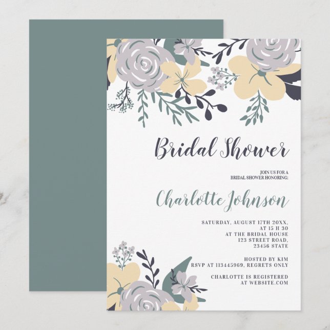 Spring dusty green yellow floral bridal shower invitation (Front/Back)