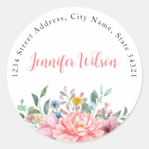 Spring Dusty Pink Floral Bouquet Personalised Name Classic Round Sticker
