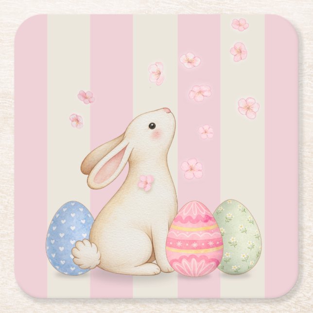 Spring Easter Bunny & Eggs Stripe  Square Paper Co Coaster (Front)