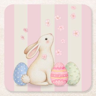 Spring Easter Bunny & Eggs Stripe  Square Paper Coaster