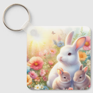 Spring Easter Bunny Family Floral Garden Key Ring