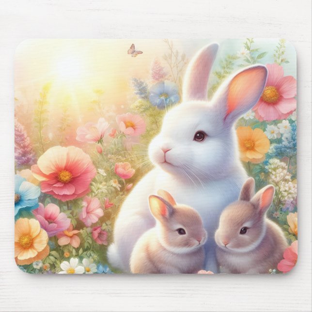 Spring Easter Bunny Family Floral Garden Mouse Pad (Front)