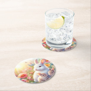 Spring Easter Bunny Family Floral Garden Round Paper Coaster