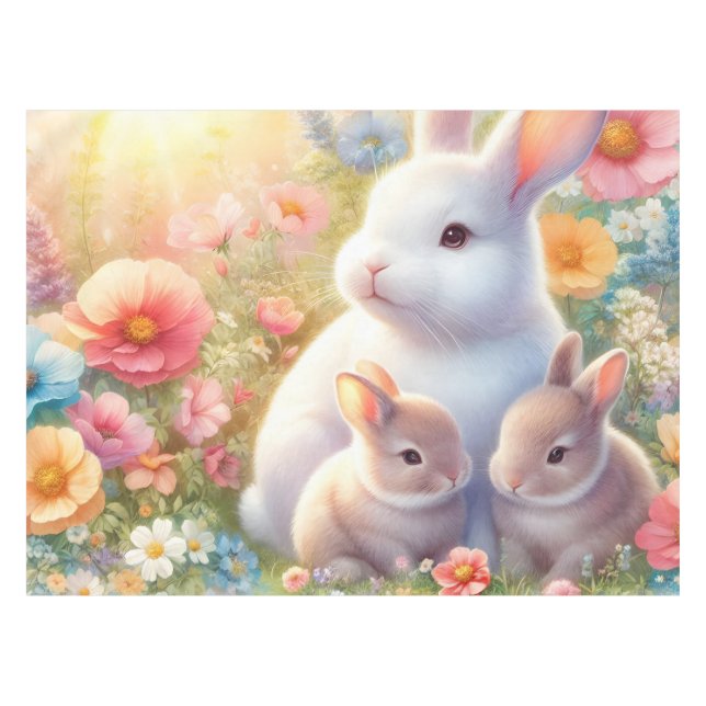 Spring Easter Bunny Family Floral Garden Tablecloth (Front (Horizontal))