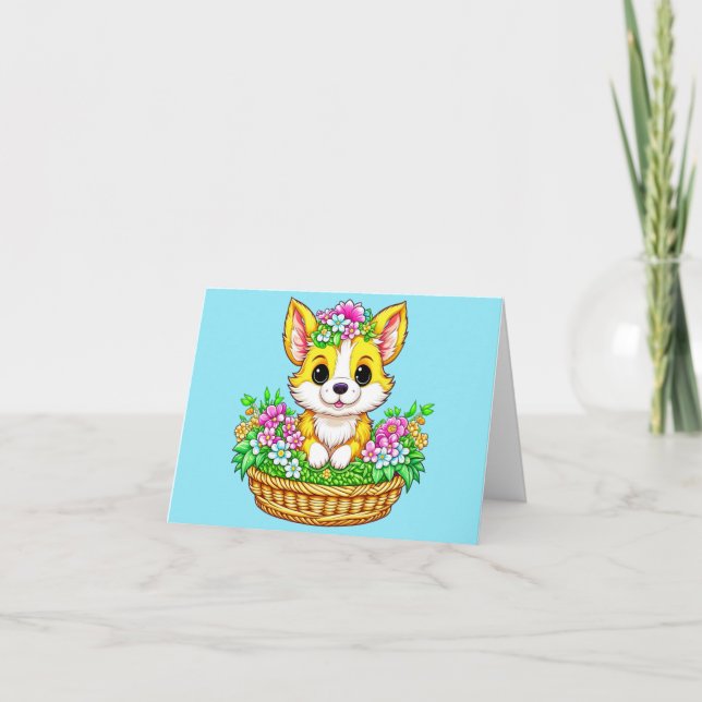 Spring Easter Cute Dog in Flowers Card (Front)