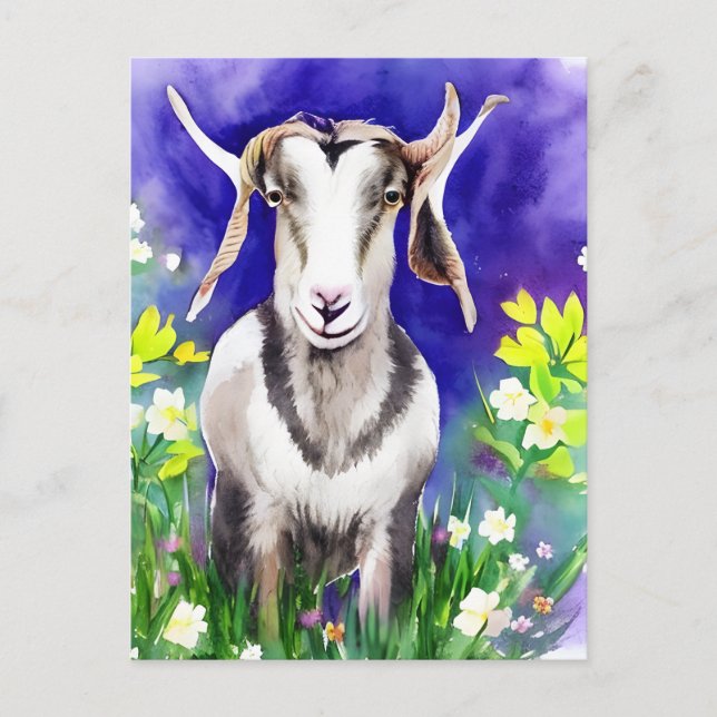 Spring Easter Goat Floral Watercolor Postcard (Front)