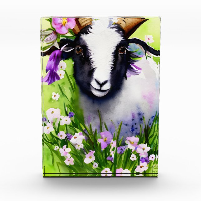 Spring Easter Goat Kid Floral Watercolor Photo Block (Front)