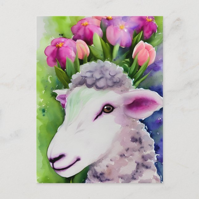 Spring Easter Lamb Floral Watercolor Postcard (Front)