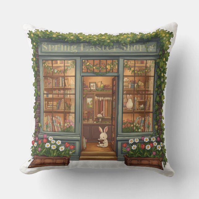 Spring Easter Shop with Cute Reading Bunny Pillow (Front)