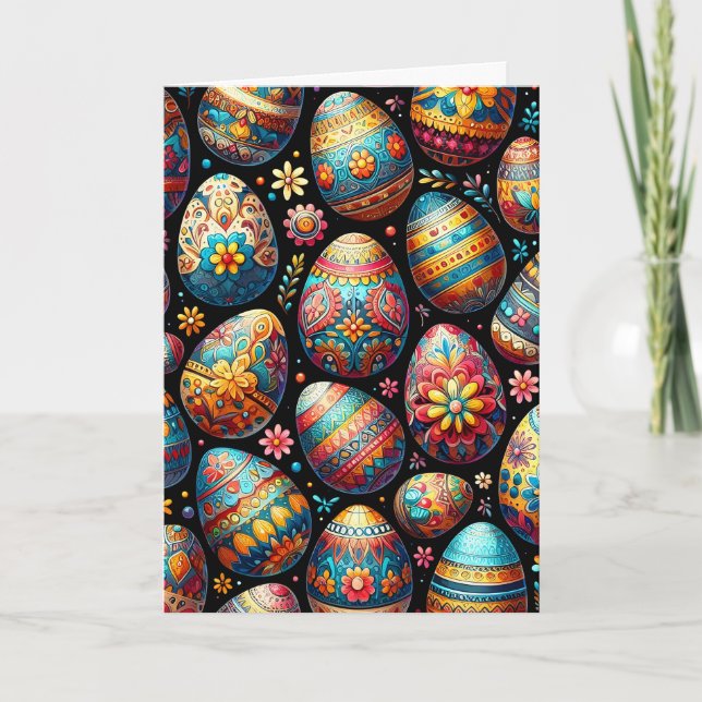Spring Eggs Russian style black red boho art Holiday Card (Front)