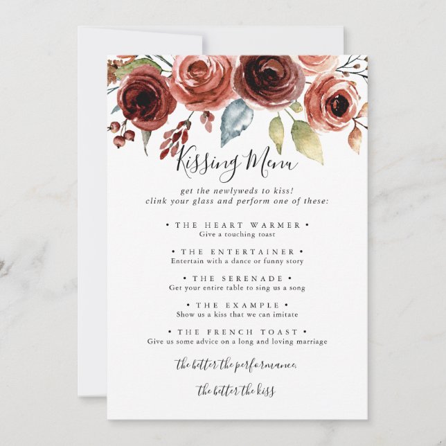 Spring Elegant Wedding Kissing Menu Game Card (Front)