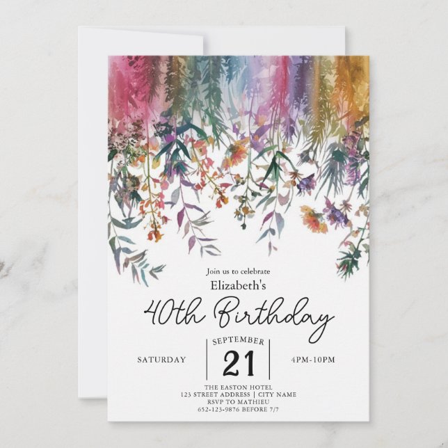 Spring Elegant Wildflowers 40th birthday Invitation (Front)
