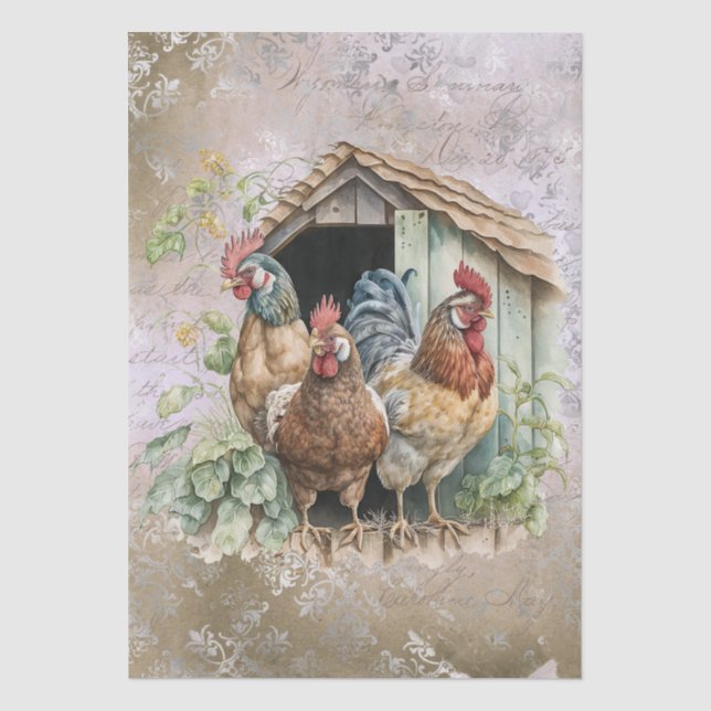 Spring Farm Hen Chickens Watercolor Tissue Paper (Front)
