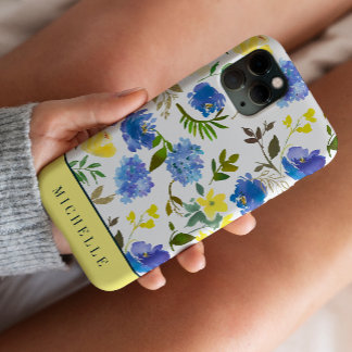 Spring Feminine Yellow and Blue flowes monogram  iPhone 13 Pro Case