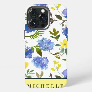 Spring Feminine Yellow and Blue flowes monogram  iPhone 13 Pro Case