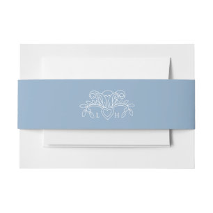 Spring fleur de lis dusty blue white wedding invitation belly band
