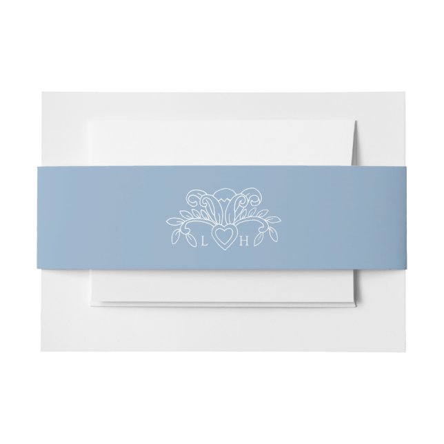 Spring fleur de lis dusty blue white wedding invitation belly band (Front Example)
