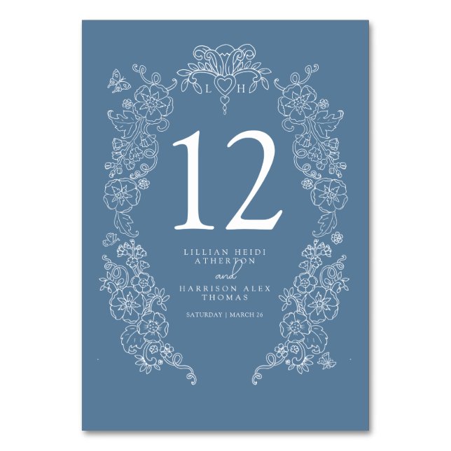 Spring Fleur de lis wedding blue grey white  Table Number (Front)