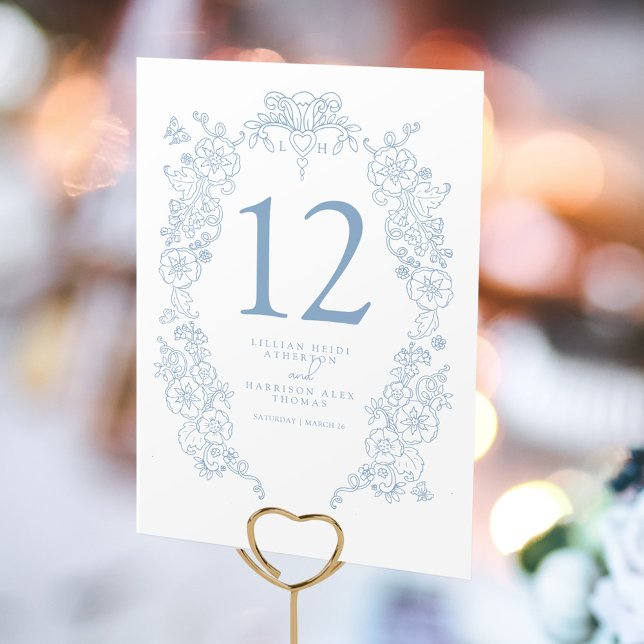 Spring Fleur de lis wedding dusty blue white art  Table Number (Creator Uploaded)