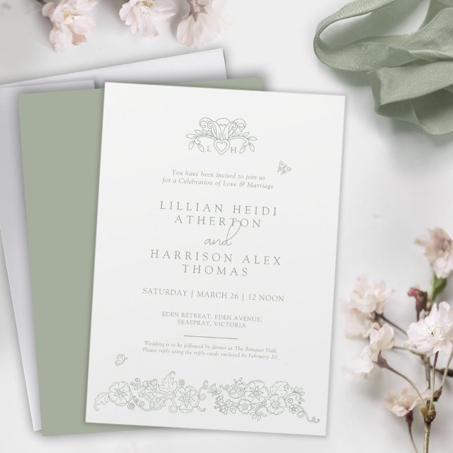 Spring Fleur de lis wedding sage green white art Invitation (Creator Uploaded)